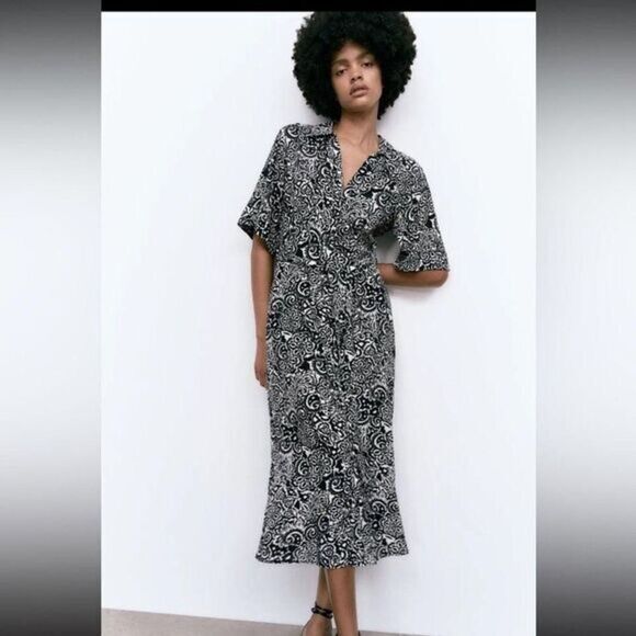 ZARA Long Fluid Loose-fit printed shirt Midi Dress With Belt‎ S - Picture 3 of 7